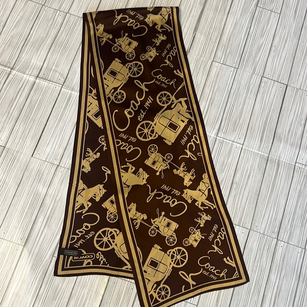 Coach Brown and Gold Carriage Print Silk Scarf Wrap